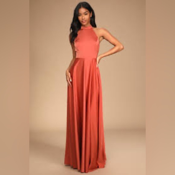 Lulus Elegant Entrance Terracotta Satin Tie-Back Maxi Dress - Picture 2 of 12
